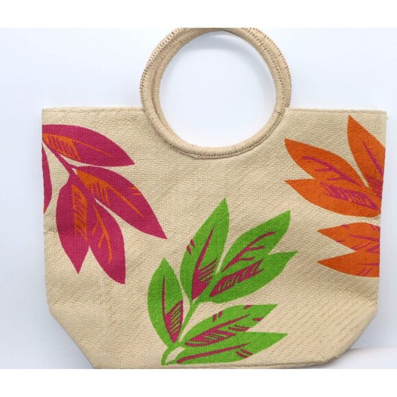 Large Woven Straw  Tropical Palms Beach Spacious Bag Circular Handles Sun Sand - Picture 1 of 5